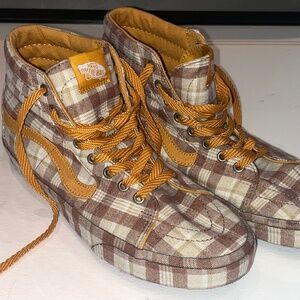 Maroon and golden yellow plaid high top vans size 8/9.5